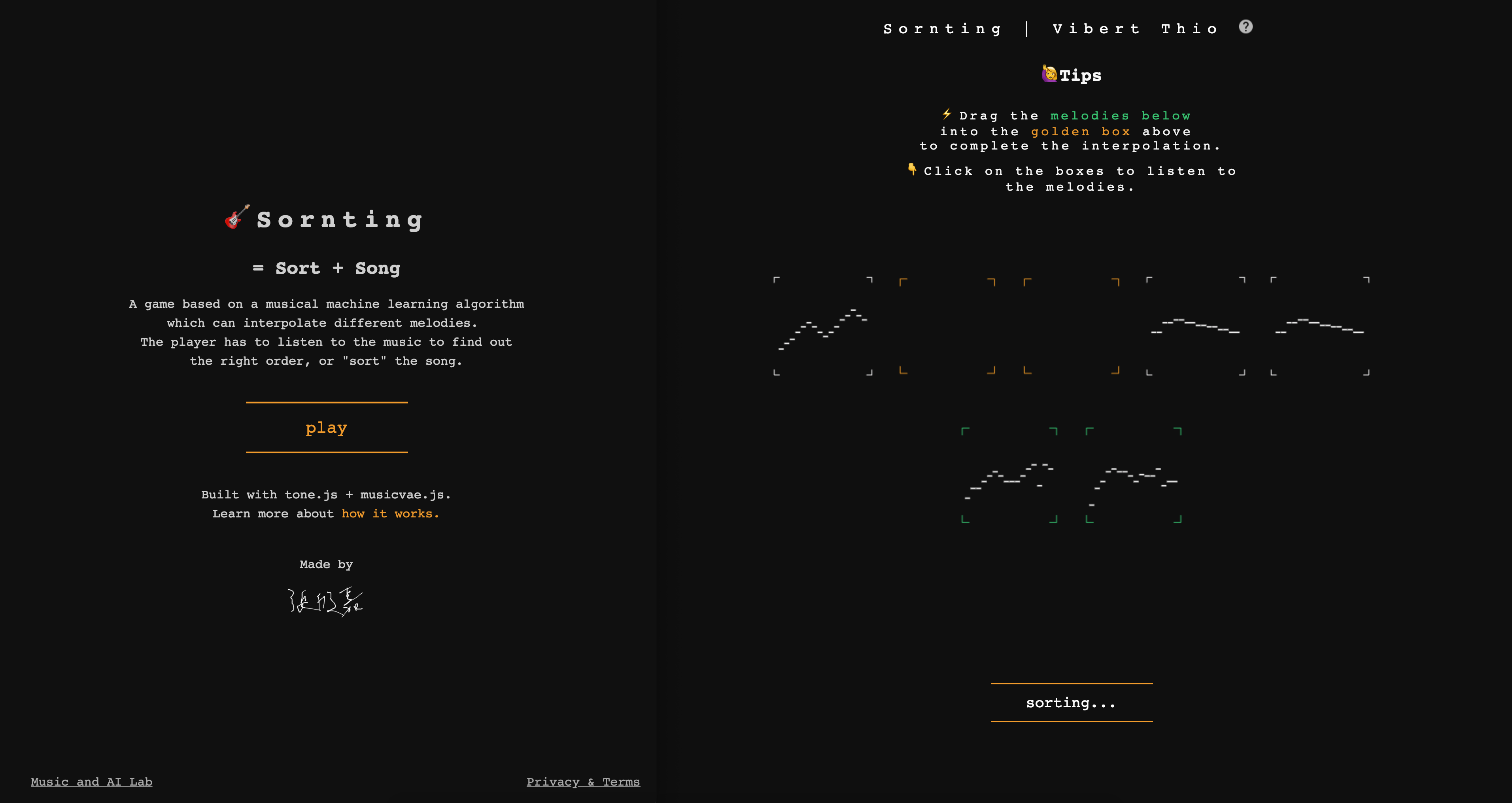 Colored melody blocks being reordered in the Sornting game